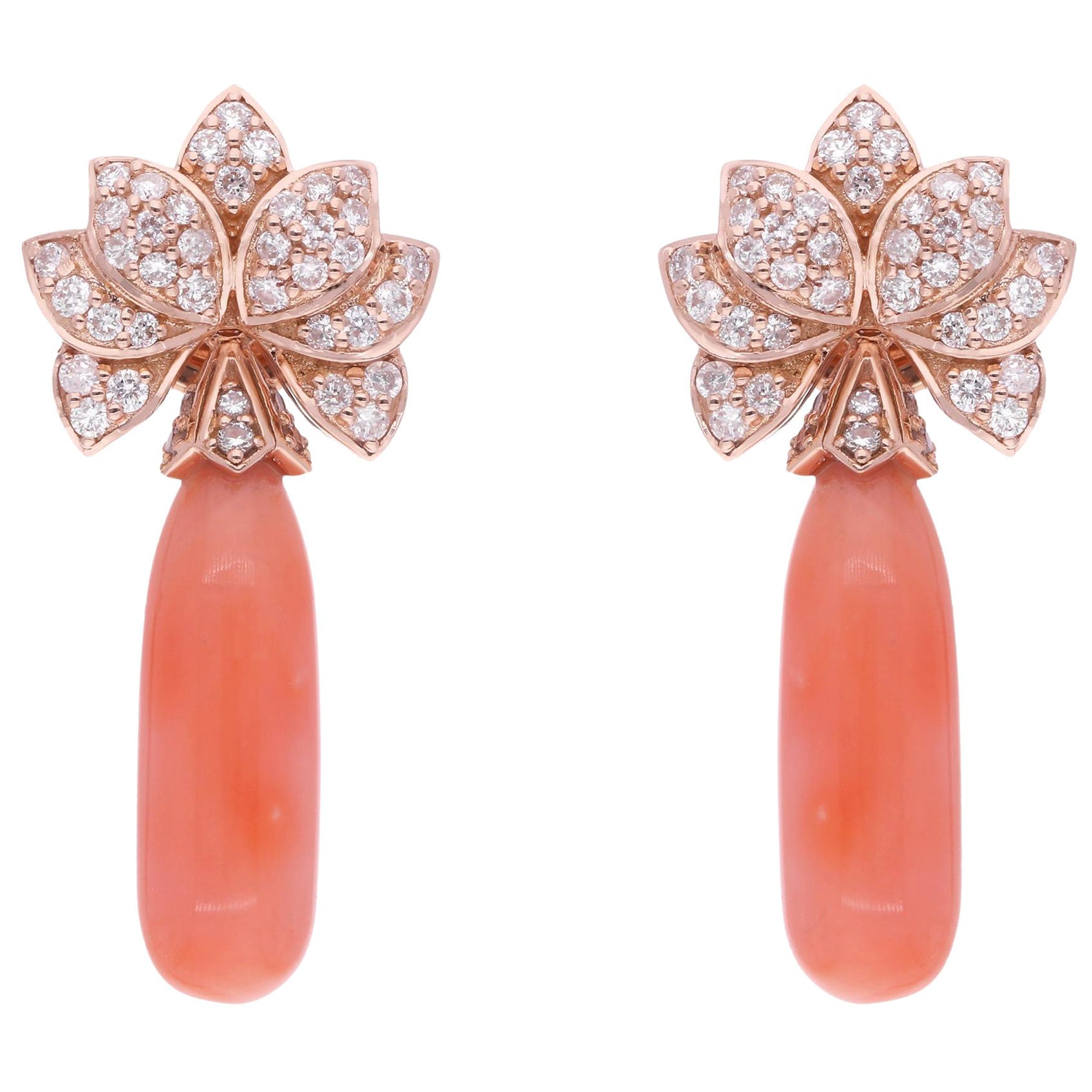 Pendientes Colgantes de Piedra Preciosa Coral Diamante Oro Rosa 14 Kilates Joyería Fina Hecha a Mano