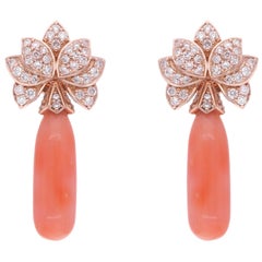 Pendientes Colgantes de Piedra Preciosa Coral Diamante Oro Rosa 14 Kilates Joyería Fina Hecha a Mano