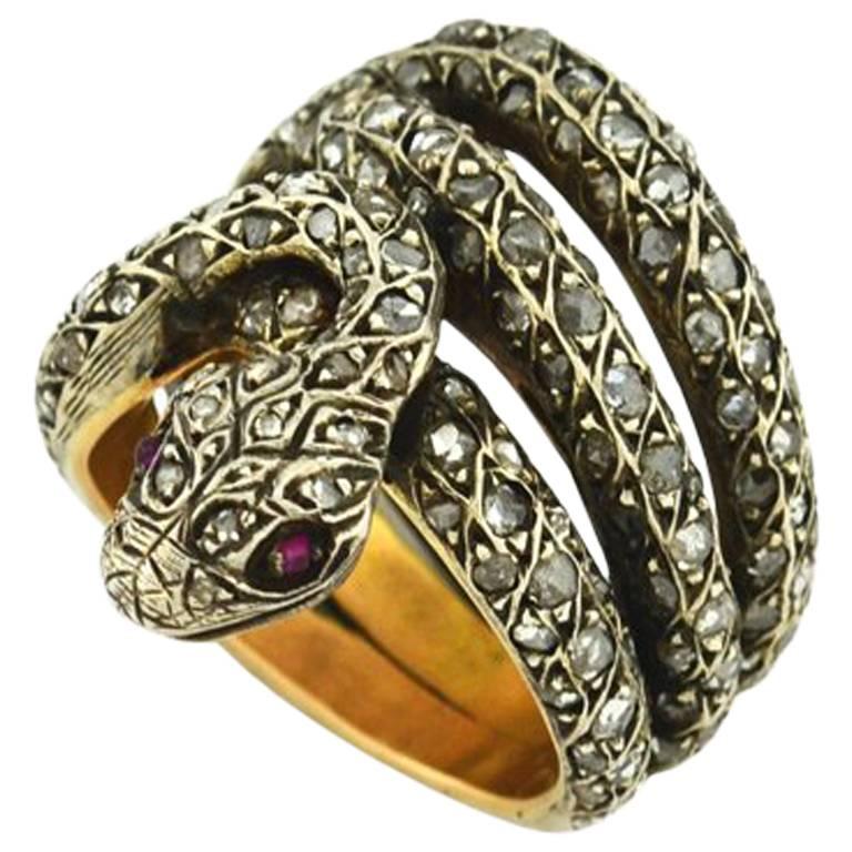 Rose Cut Diamond and Ruby Snake Ring For Sale