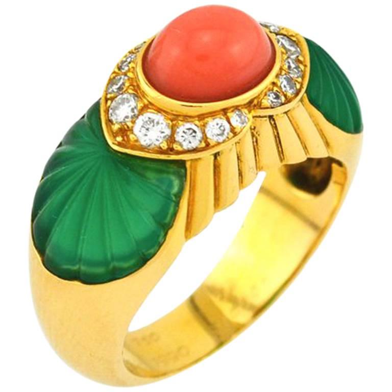 Cartier Coral Chrysoprase Diamond Gold Ring For Sale