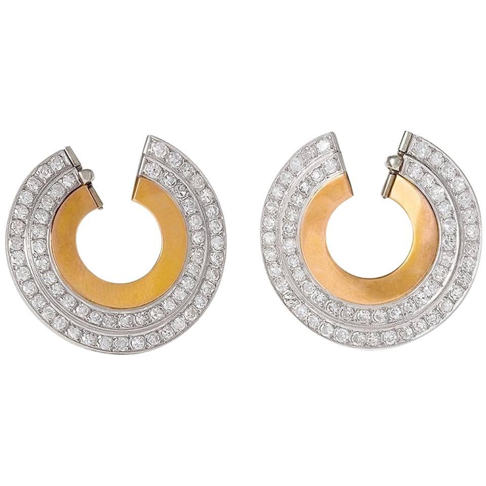 French 1930's Art Deco Diamond and Gold Earring