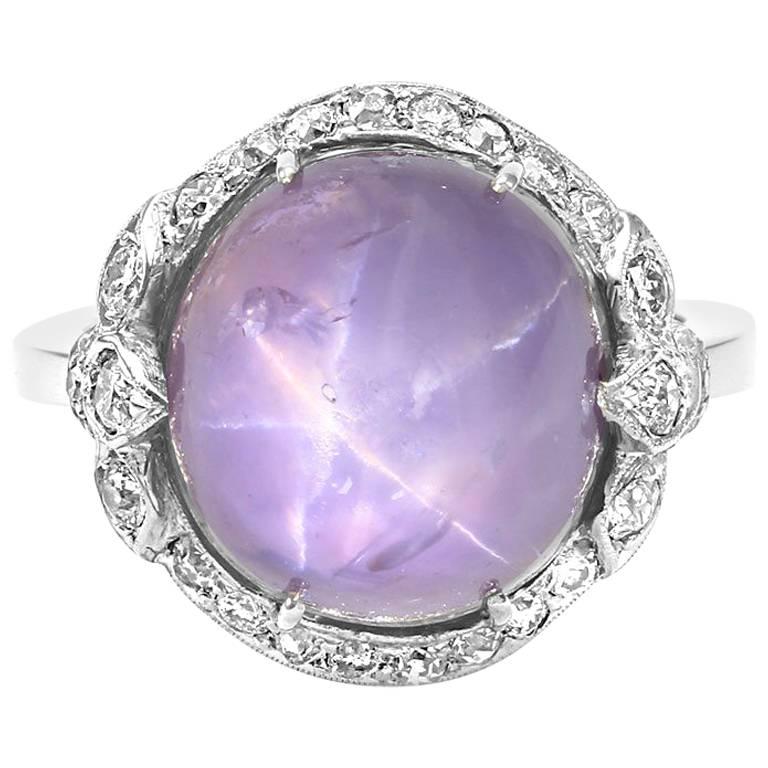 Edwardian Star Sapphire Pave Diamond Halo Platinum Ring For Sale