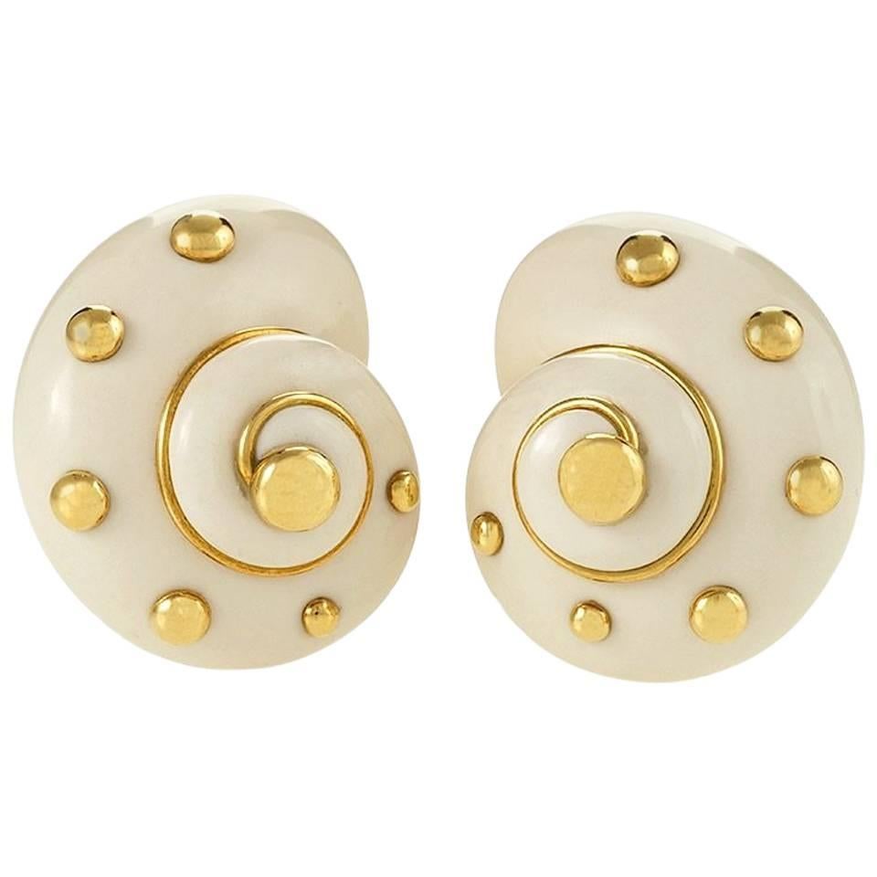 Verdura Cachalong Opal and Gold Snail Shell Earrings