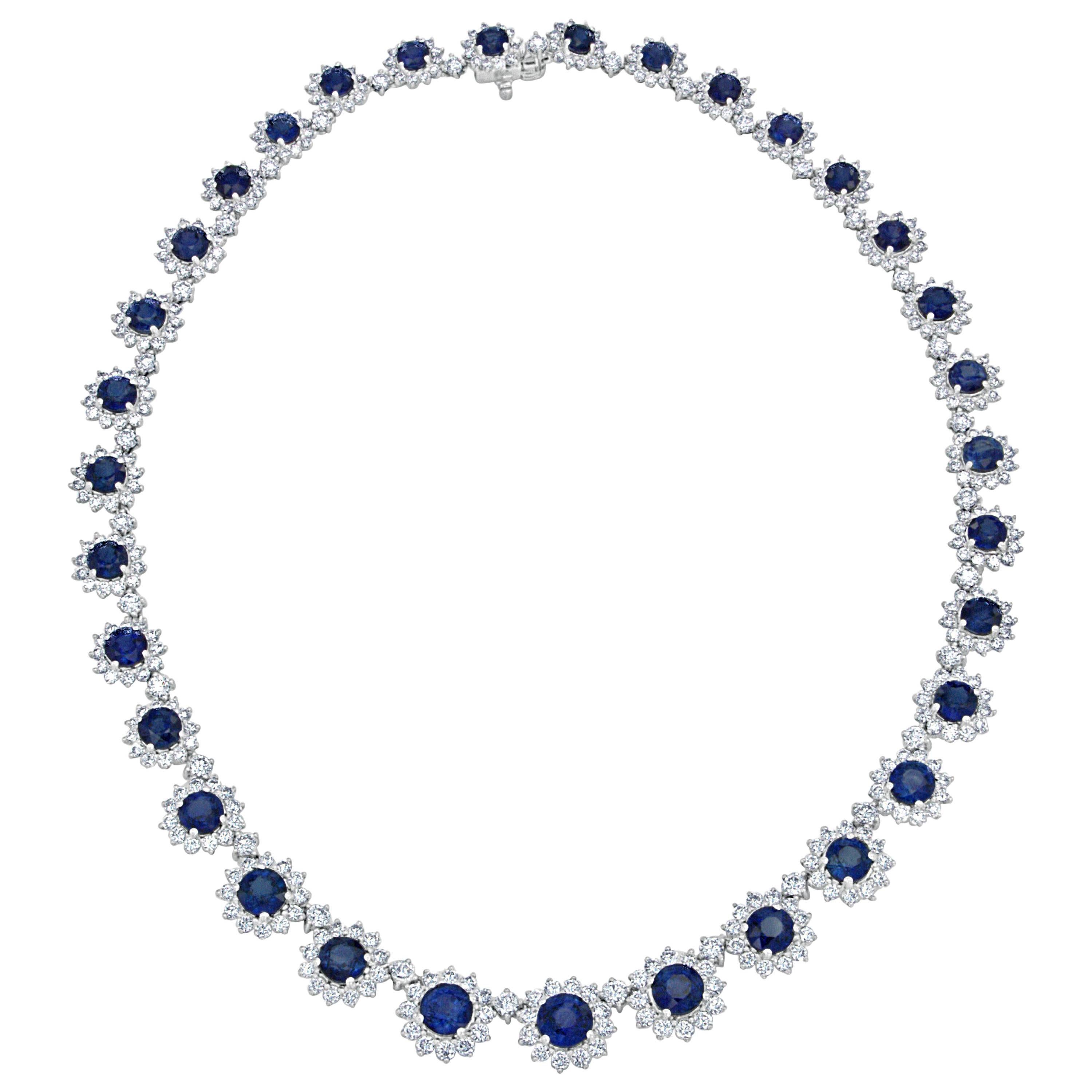 26.54 Carat Round Sapphire and Diamond Necklace in 18 Karat White Gold For Sale