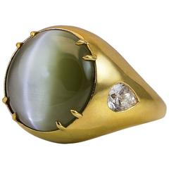 Very Rare 28.30 Carat Cat's Eye Chrysoberyl Diamond Gold Ring 6