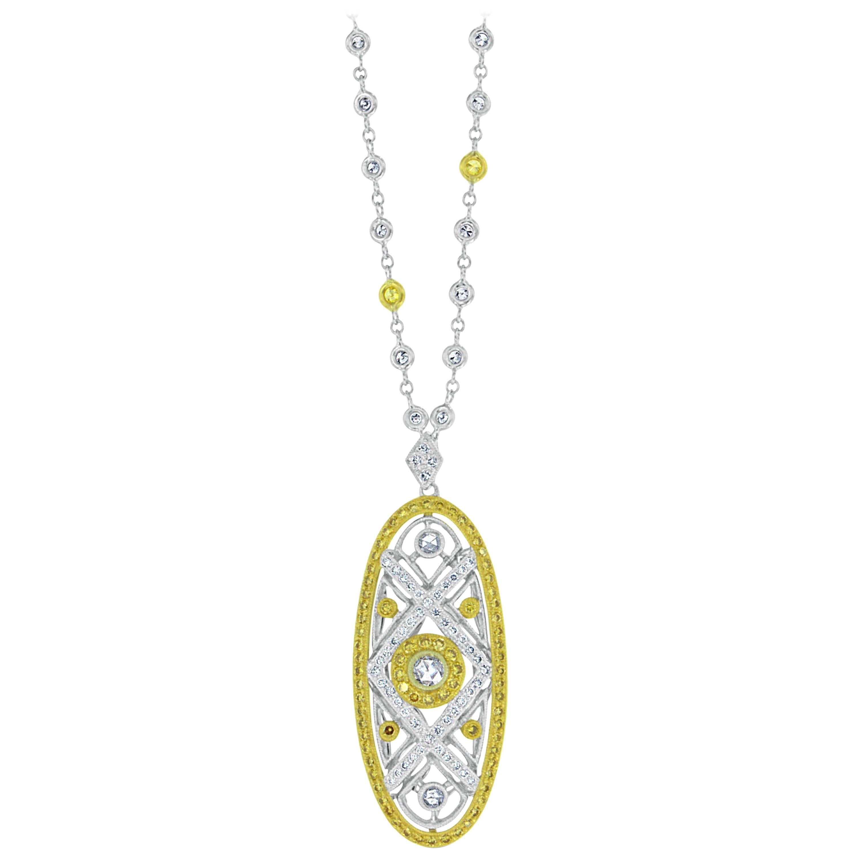 Round Brilliant Cut Diamond and Natural Fancy Yellow Diamond Necklace For Sale