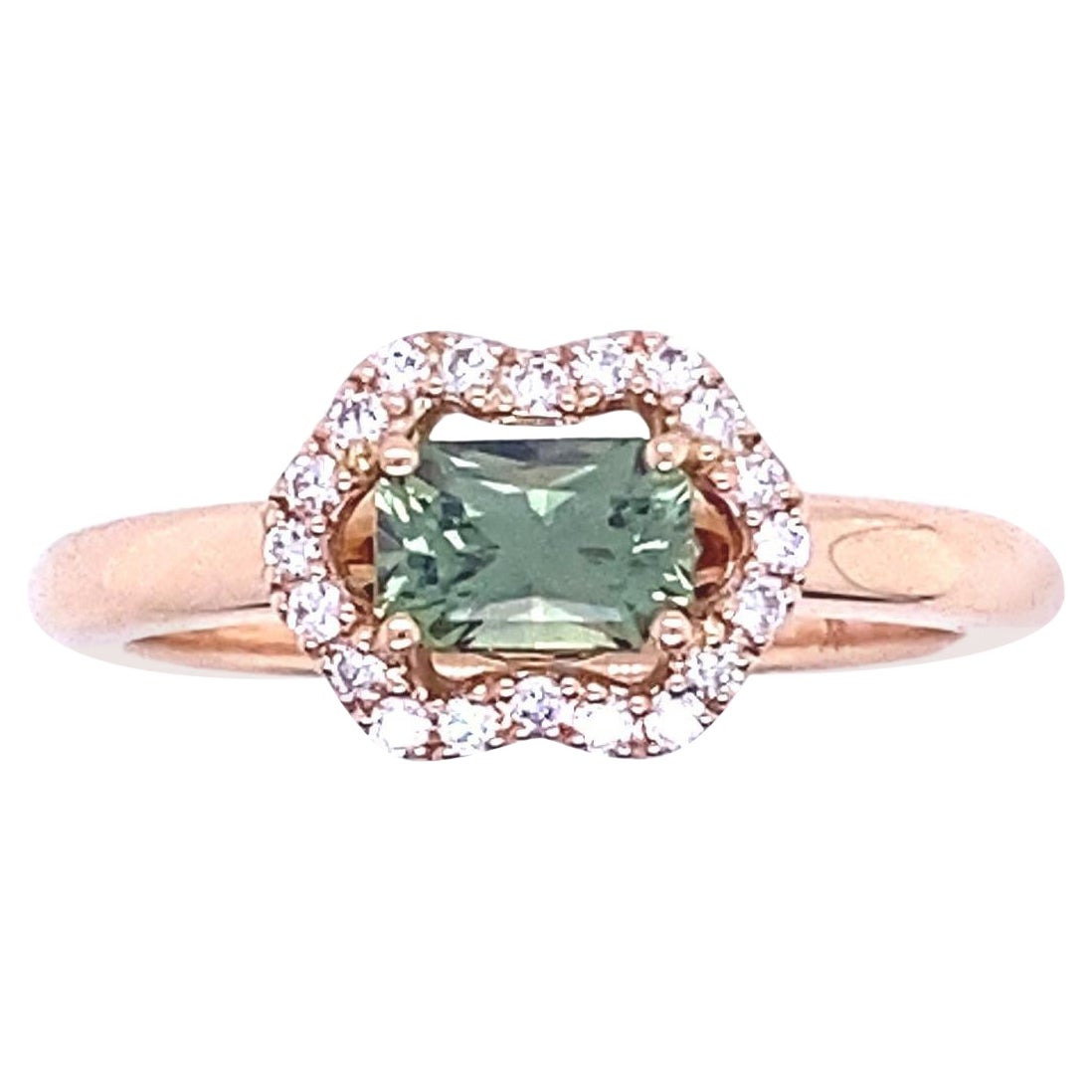 French Engagement Ring Green Sapphire Diamonds Rose Gold