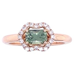 Anillo de compromiso francés Zafiro verde Diamantes Oro rosa
