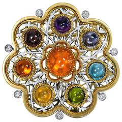 Diamond Garnet Ruby Peridot Topaz Citrine Iolite Amethyst Gold Brooch Pendant