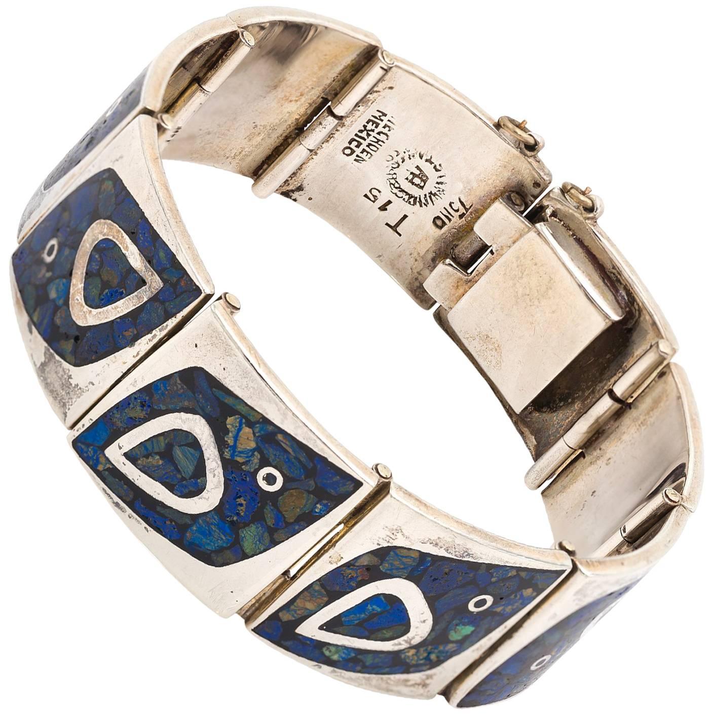 Mexican Sterling Silver Link Bracelet with Lapis Inlay