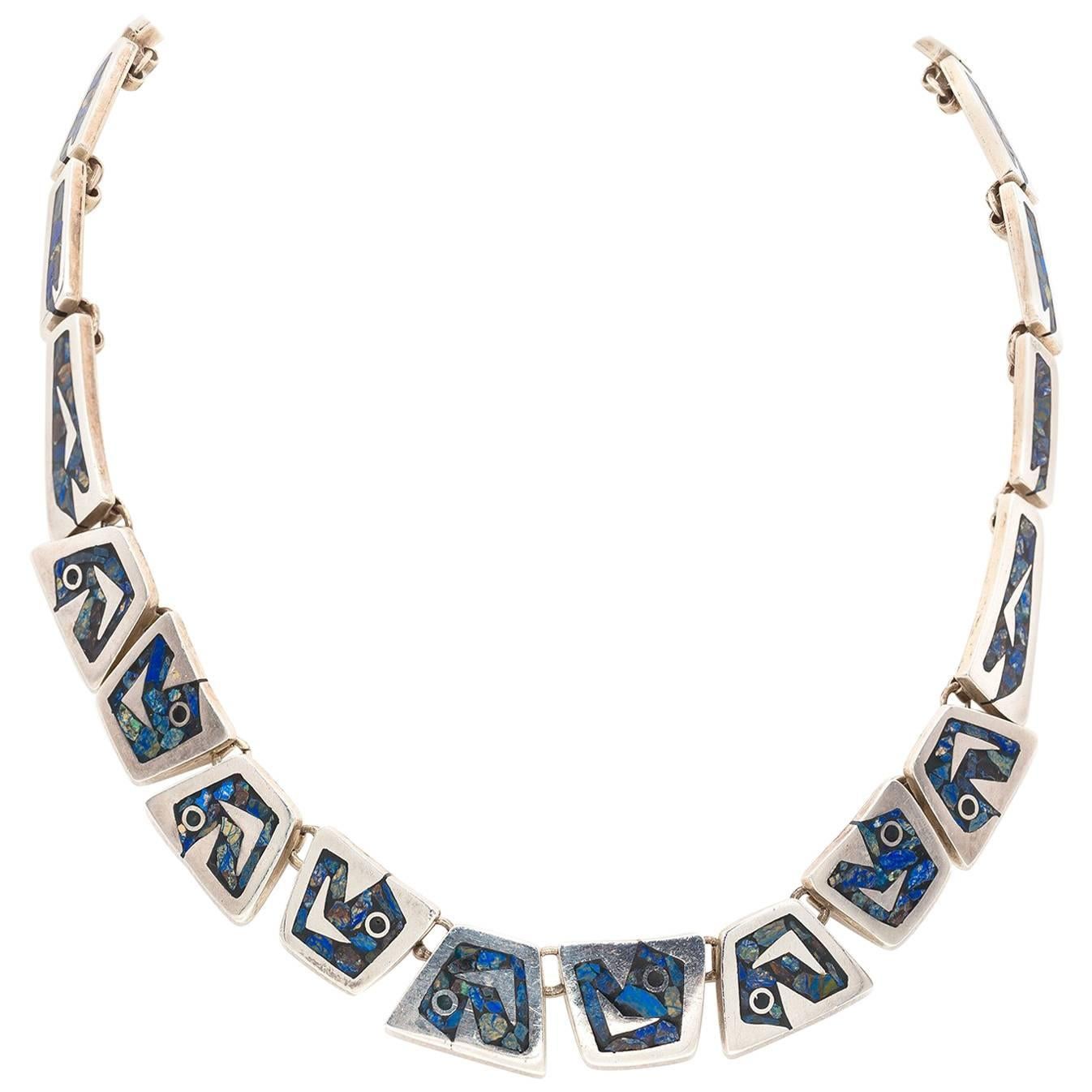 Handmade Mexican Sterling Silver Link Necklace with Lapis and Chrysicola Inlay For Sale