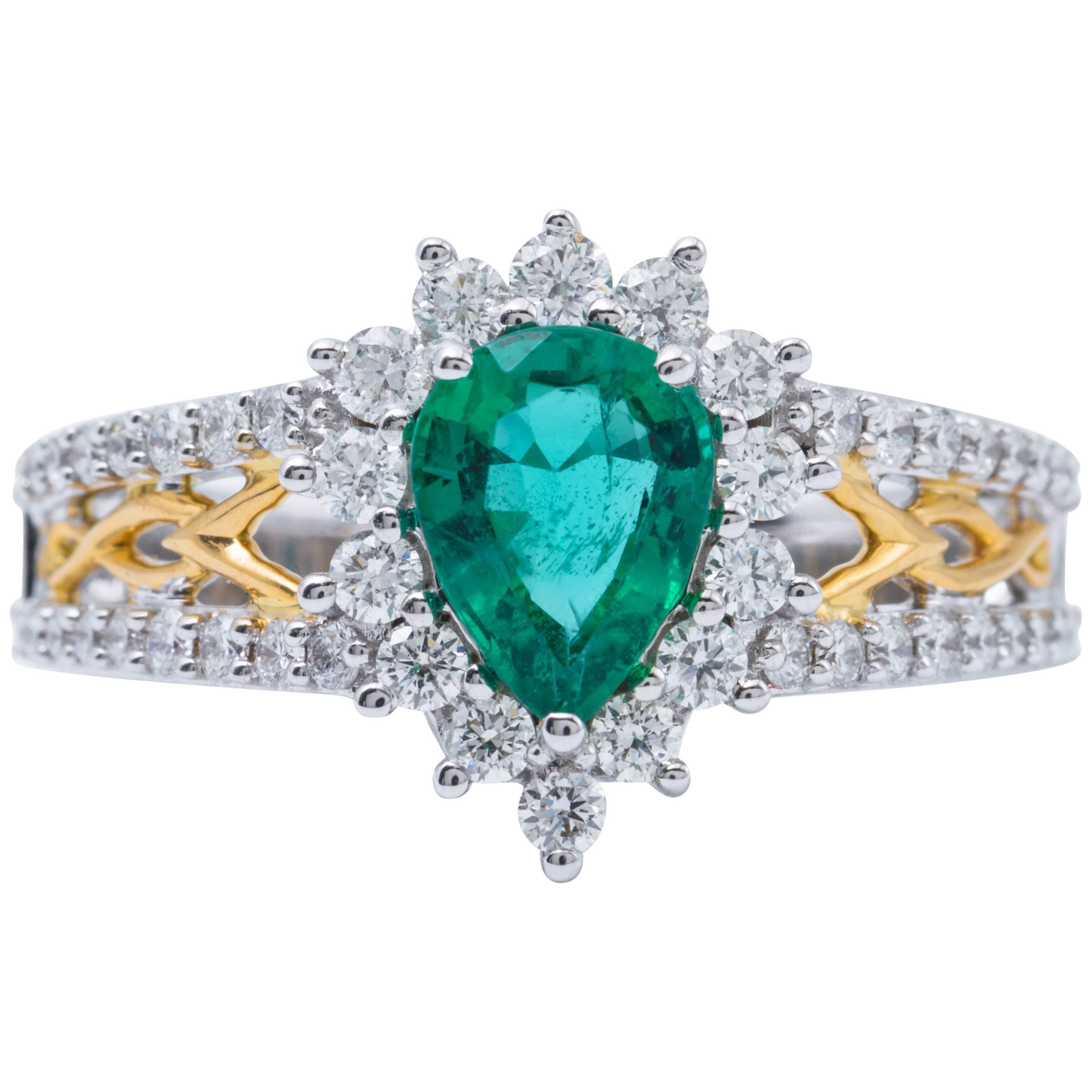 Pear Shape Emerald and Diamond Halo Two-Tone Ring