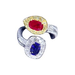 AIG-zertifizierte 1.30 Karat Diamanten  1,25 Karat unbehandelter Rubin 1,15 Karat Saphir Ring