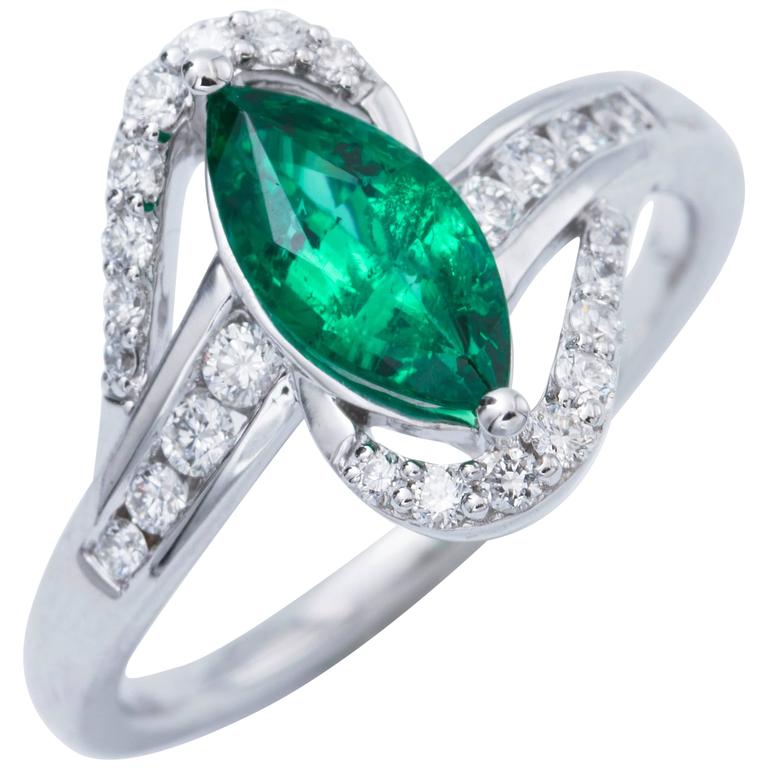 Marquise Emerald Diamond Accents Gold Ring For Sale at 1stdibs