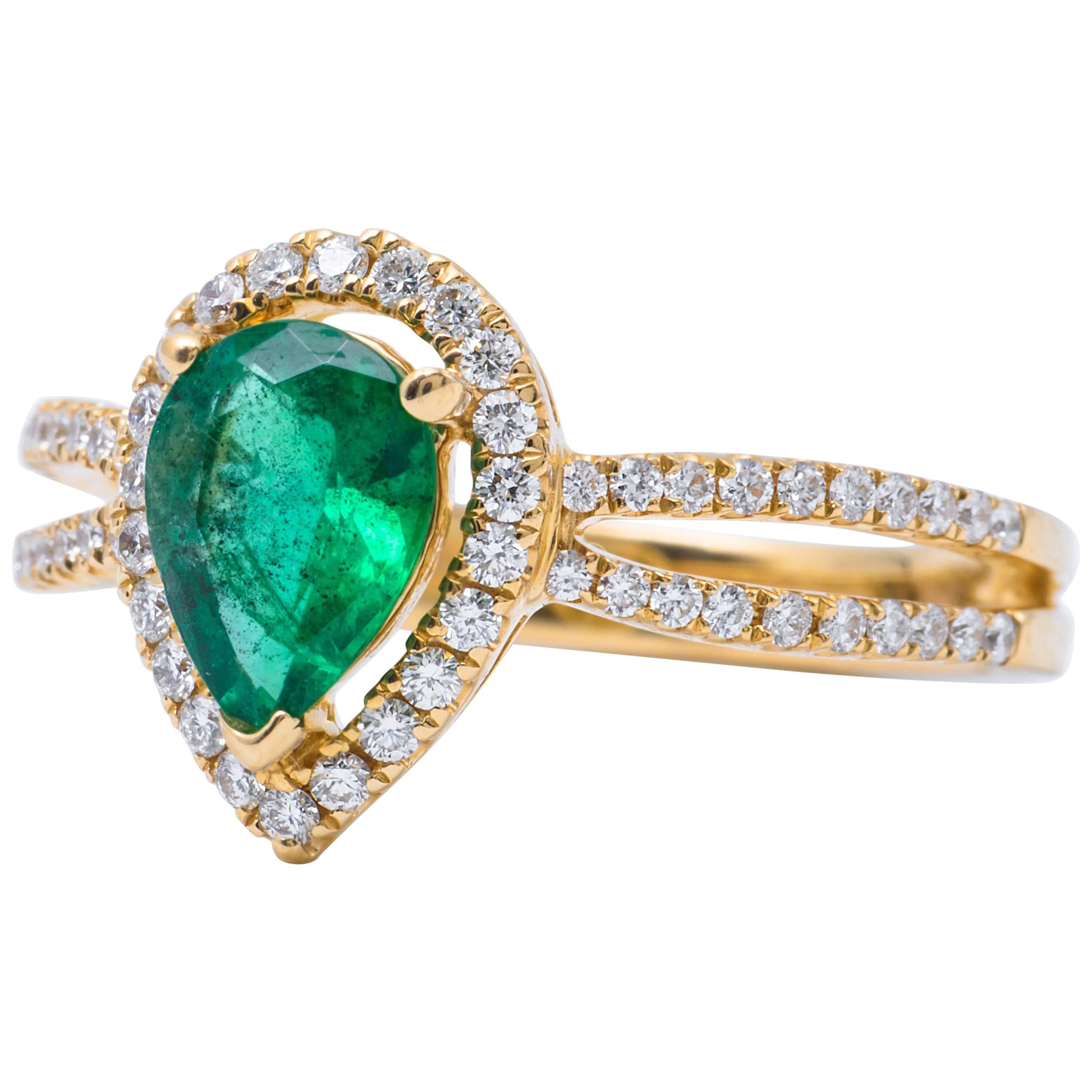Pear Shape Emerald Diamond Yellow Gold Halo Engagement Ring For Sale at