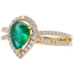 Pear Shape Emerald Diamond Yellow Gold Halo Engagement Ring 9
