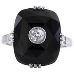 Art Deco Onyx Old European Diamond Gold Ring 7