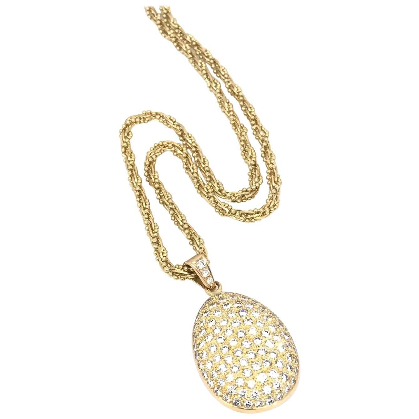 Teardrop Pave Diamond Pendant with Fancy Twist Chain in 18 Karat Yellow Gold For Sale