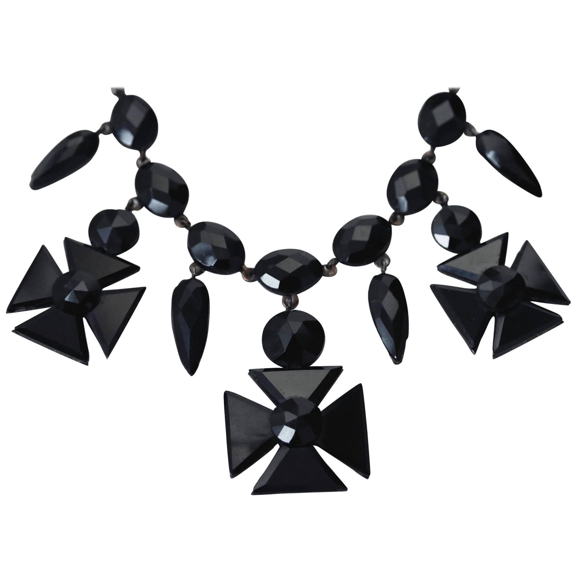 Victorian French Jet Maltese Cross Necklace For Sale