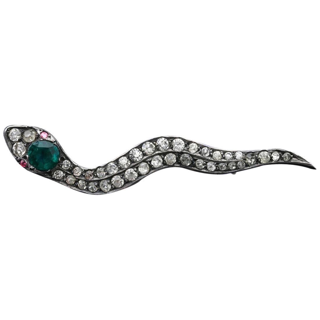 Edwardian Sterling and Paste Snake Brooch For Sale