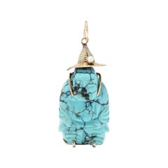 Vintage 14KT Yellow Gold Turquoise Buddha Charm, Carved Buddha