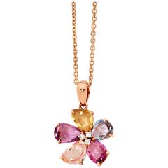 Multicolor Sapphires and Diamonds Flower Pendant Necklace