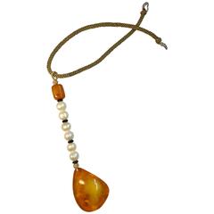 Natural Amber Freshwater Pearl Black Agate Cording Necklace