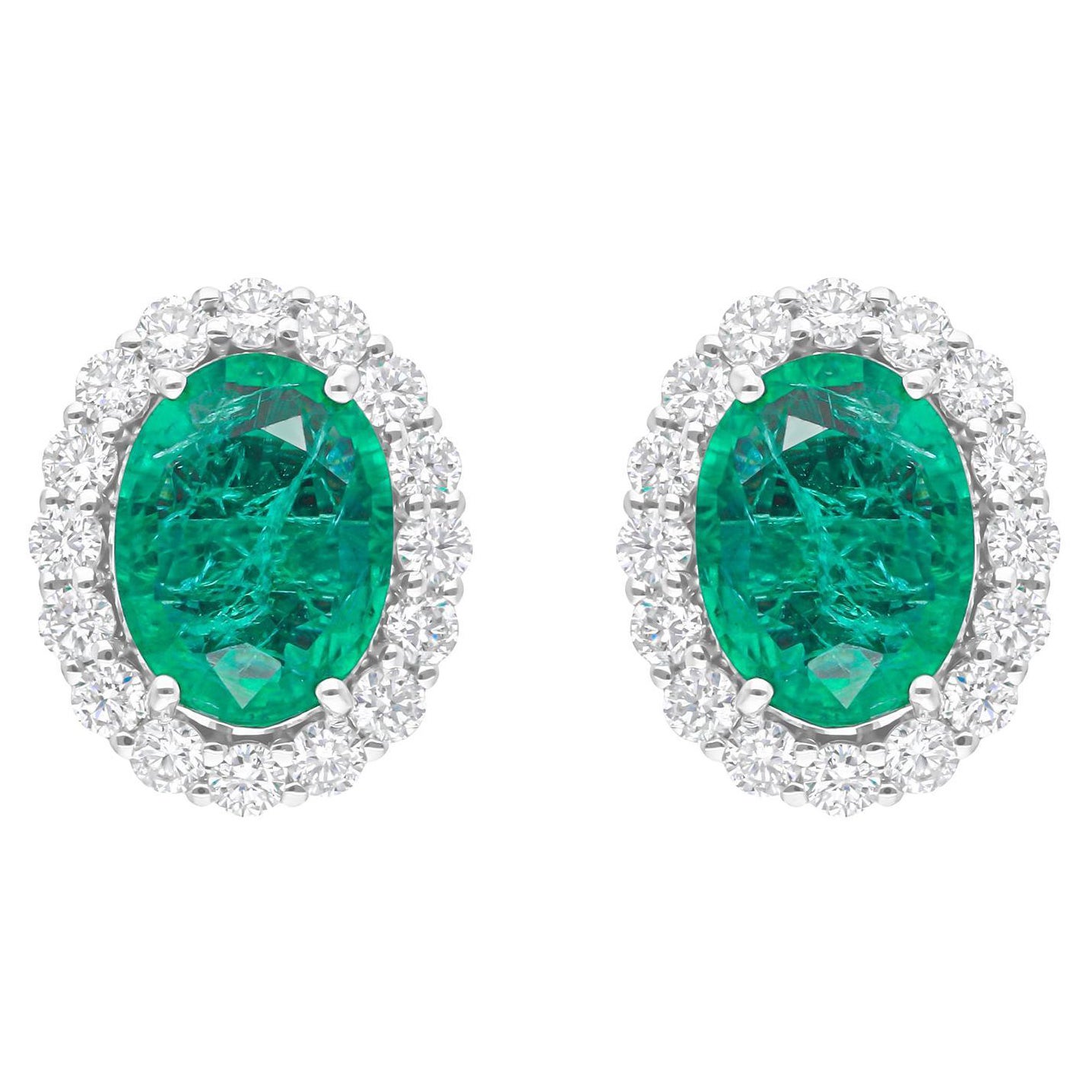 Zambian Emerald Gemstone Stud Earrings SI/H Diamond 14 Karat White Gold Jewelry