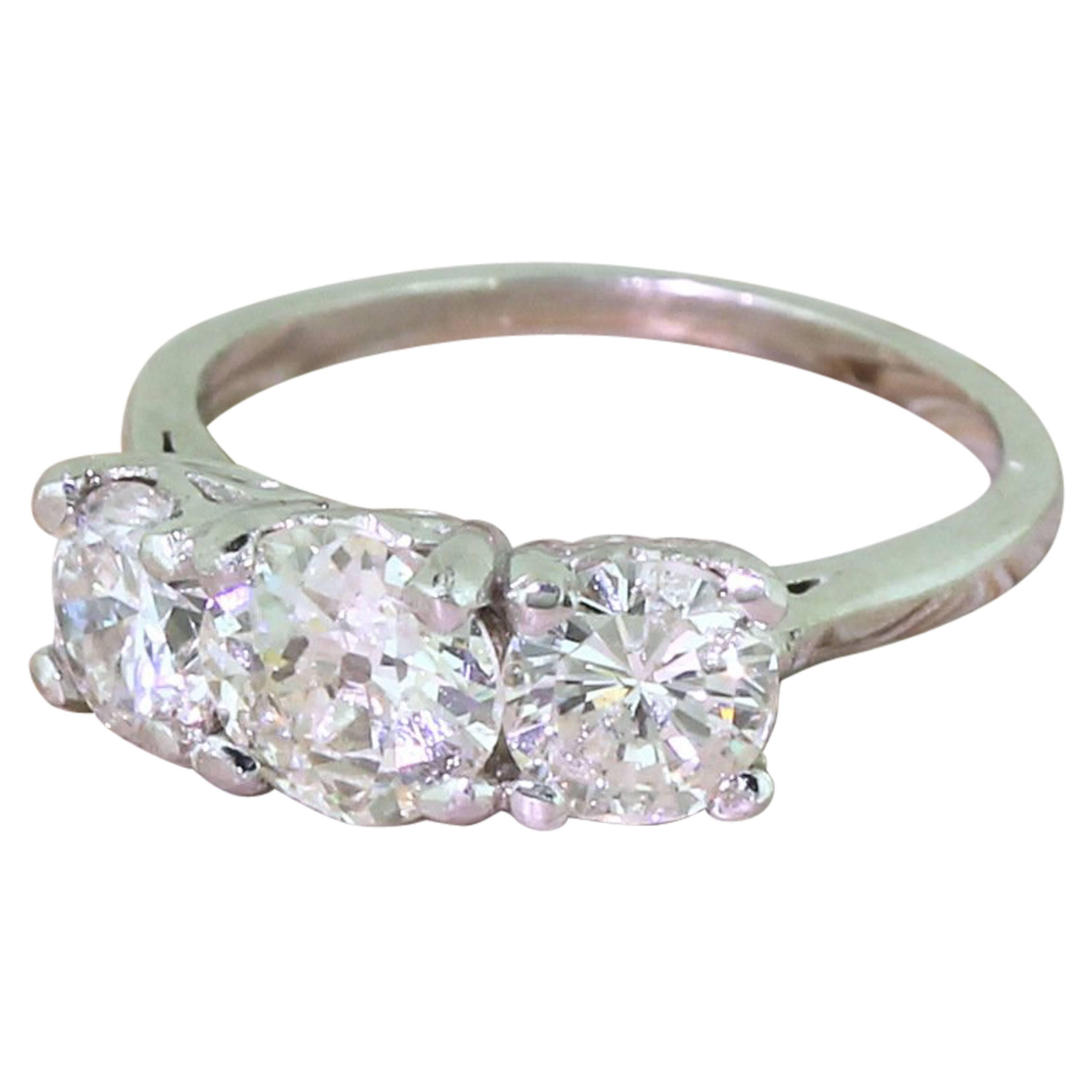 Mid-Century 2.14 Carat Old Cut Diamond Trilogy Ring For Sale