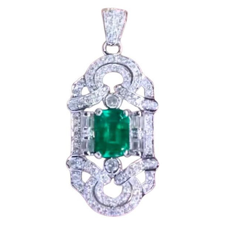 AIG Certified 2.50 Ct Zambian Emerald 1.60 Ct Diamonds 18K Gold Art Deco Pendant For Sale