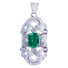 AIG Certified 2.50 Ct Zambian Emerald 1.60 Ct Diamonds 18K Gold Art Deco Pendant