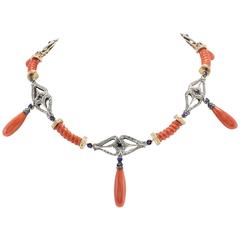 Luise Diamonds Blue Sapphires Coral Gold and Silver Link Necklace 3