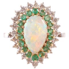 Retro 18 Karat White Gold Diamond Opal Emerald Ring-Dant