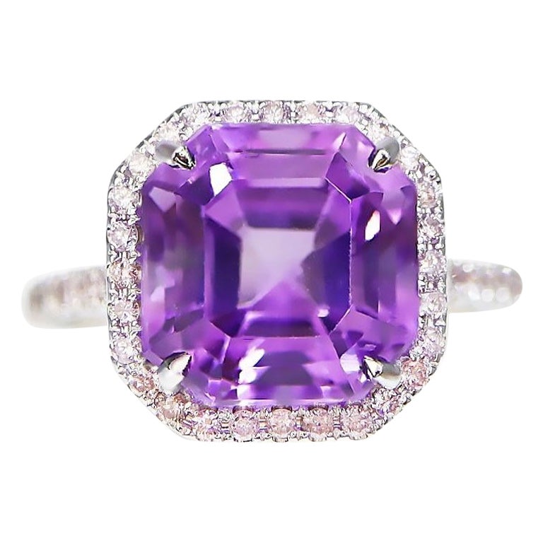 IGI 5.00 ct 14K White Amethyst&0.34 Ct Pink Diamond Engagement Ring