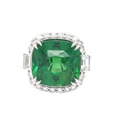 AGL Certified 17.96 Carat Cushion Cut Tsavorite Green Garnet Diamond Ring
