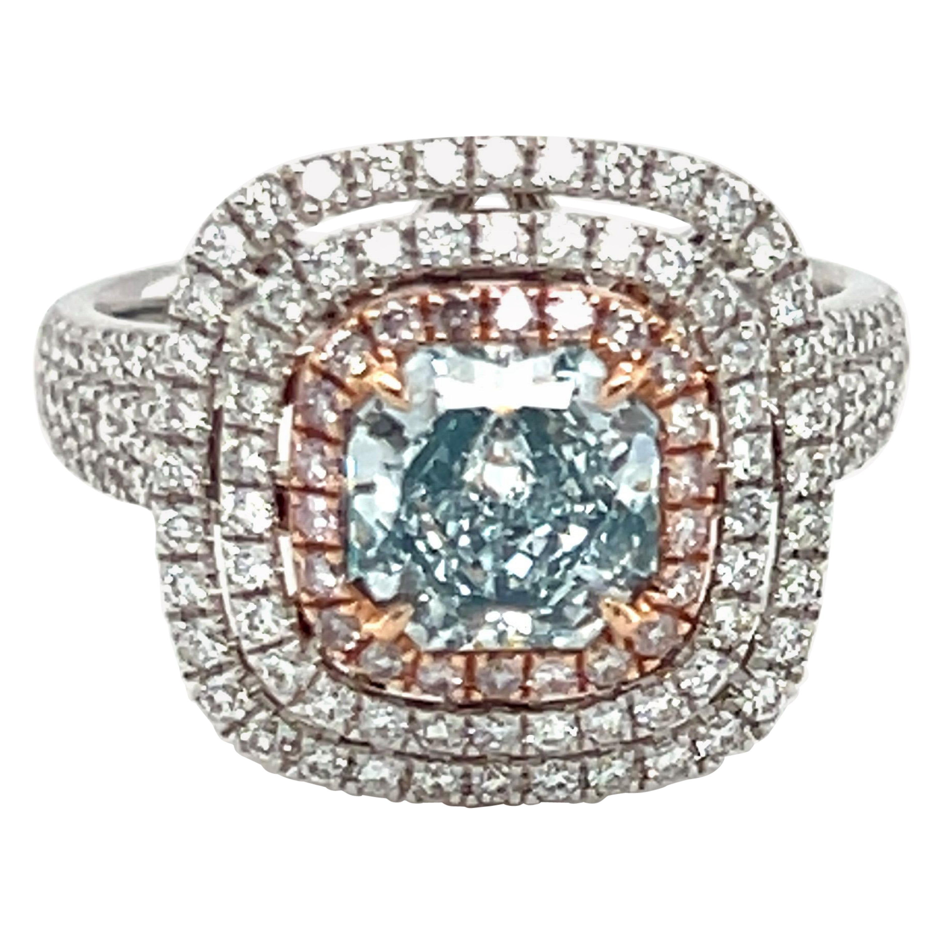 GIA Certified 1.39 Carat Cushion Natural Greenish Blue Diamond Engagement Ring