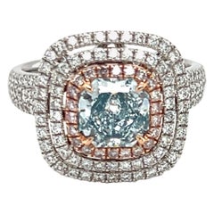 GIA Certified 1.39 Carat Cushion Natural Greenish Blue Diamond Engagement Ring