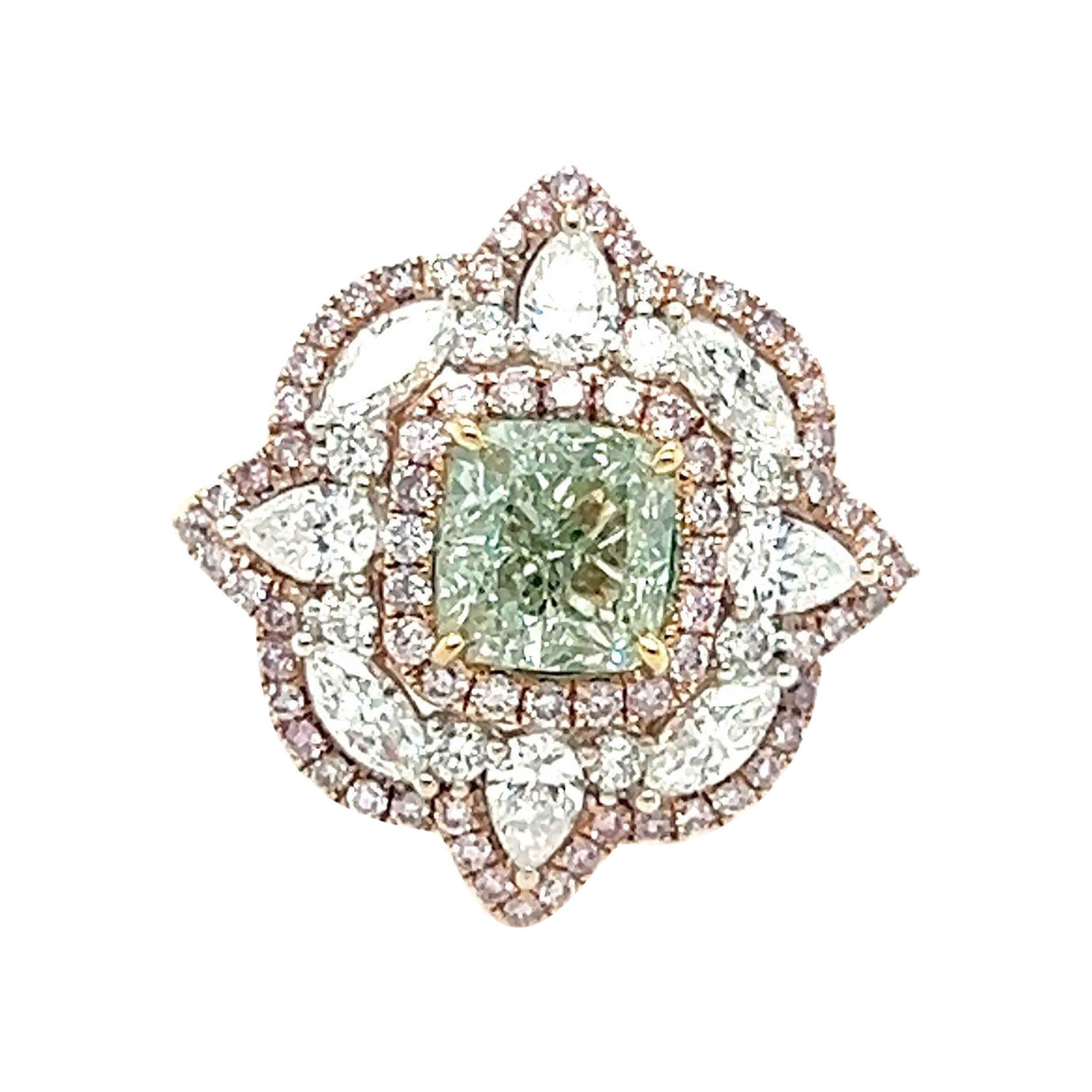 GIA Certified 2.02 Carat Cushion Cut Green Diamond Engagement Ring