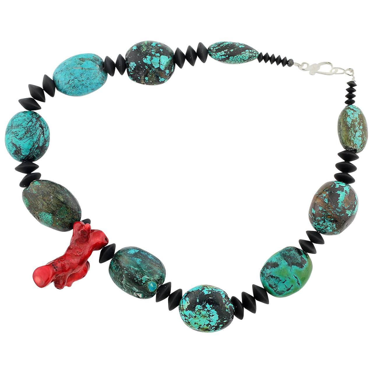 AJD Exquisite Handmade 20.5" Turquoise and Red Bamboo Coral Necklace For Sale