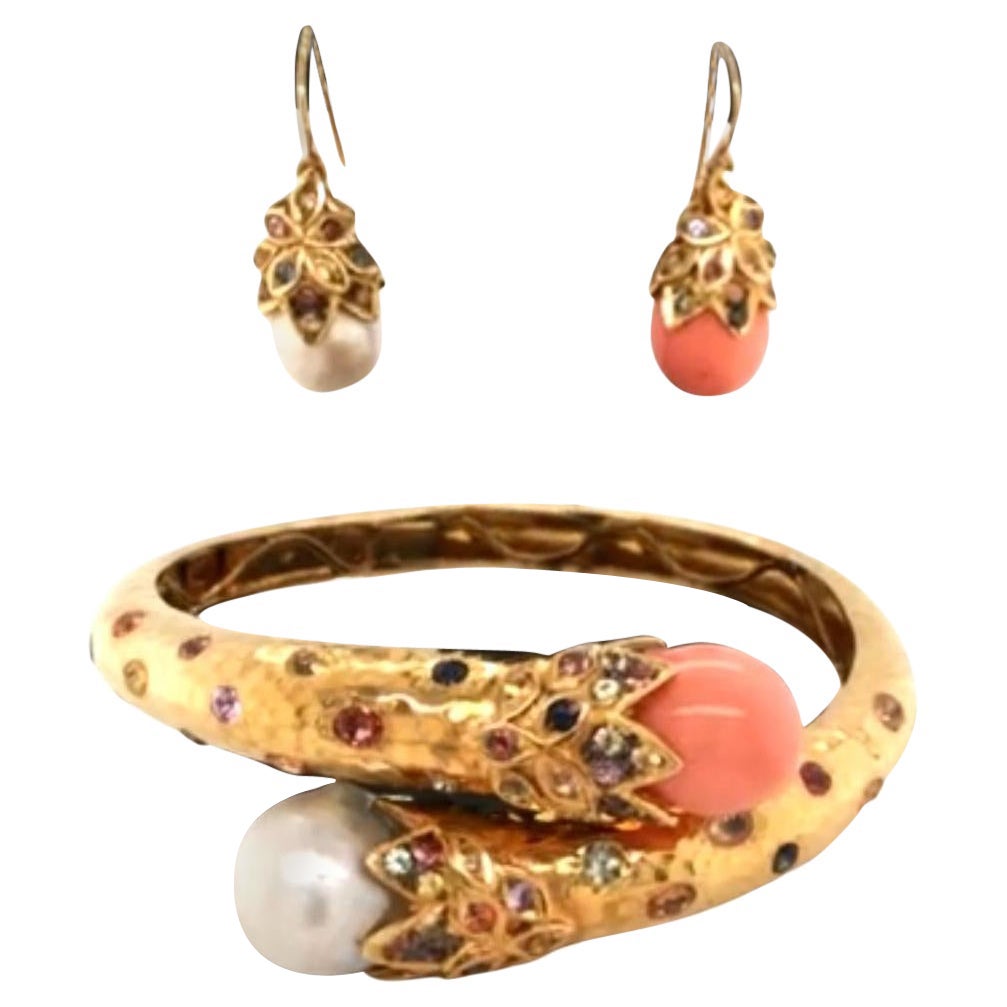 Bochic “Orient” Sapphire & South Sea Pearl Earrings & Bangle Set 18K & Silver