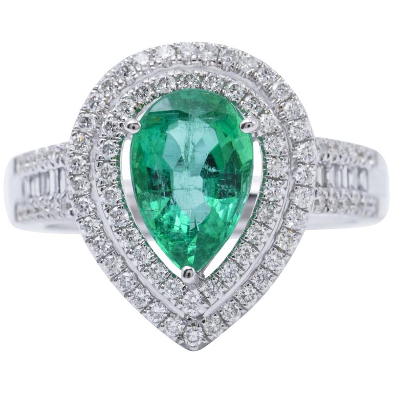 Pear Shape Emerald Diamond Gold Halo Cocktail Engagement Ring For Sale ...
