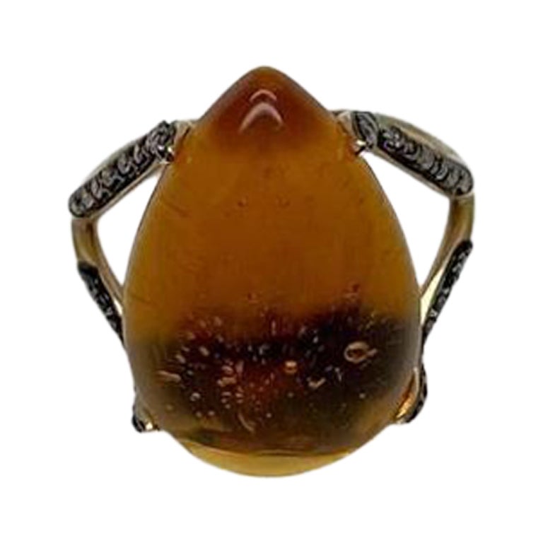 Birne Tropfenform Orange Citrin Cabochon Diamanten 14K Gelbgold Ring