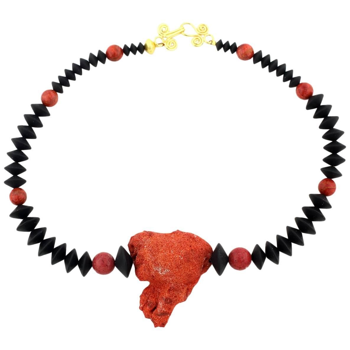 AJD Dramatic REAL Reddish Orange Natural Bamboo Coral Black Onyx Necklace For Sale