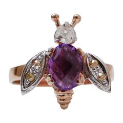 Amethyst, Diamonds, Rose Gold and Silver Fly Ring.
