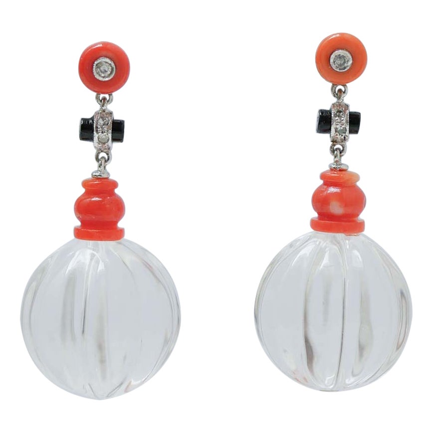 Rock Crystal, Coral, Onyx, Diamonds, Platinum Earrings. For Sale