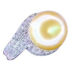 GIT Certified Golden South Sea Pearl Diamonds 18K Gold Ring