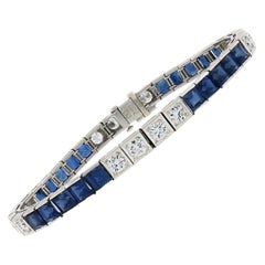 Vintage Waslikoff & Son Platiunm GIA Sapphire & Diamond Line Tennis Bracelet