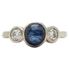 Blue Sapphire Cabochon European Cut Diamond Three Stone White Gold Ring