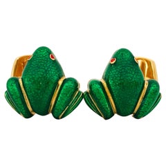 Berca Green Hand Enameled Frog Shaped Sterling Silver Gold-Plated Cufflinks