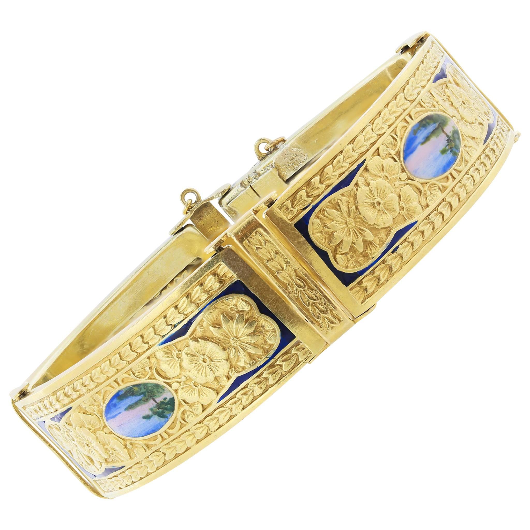 18 Karat Swiss Antique Enamel Bracelet For Sale